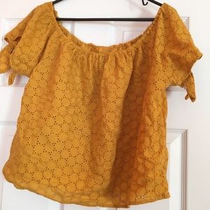 Yellow off the shoulder flouncy crop top